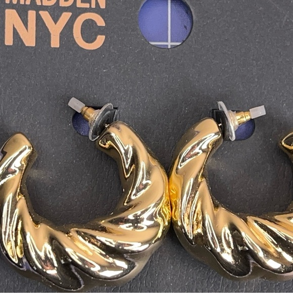 New Madden NYC Gold Braided Thick Hoop Earrings Hypoallergenic Crescent - Picture 4 of 9